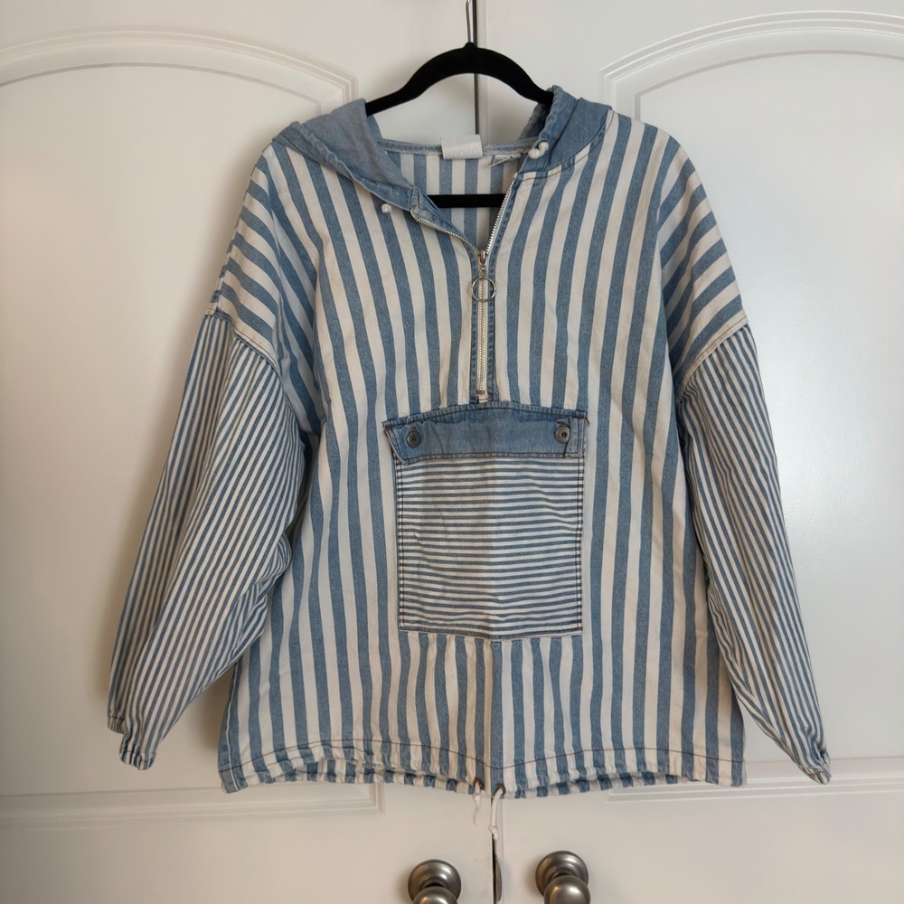 Vintage Nuovo County Seat Striped Anorak Jacket Blue White Quarter Zip Hooded M